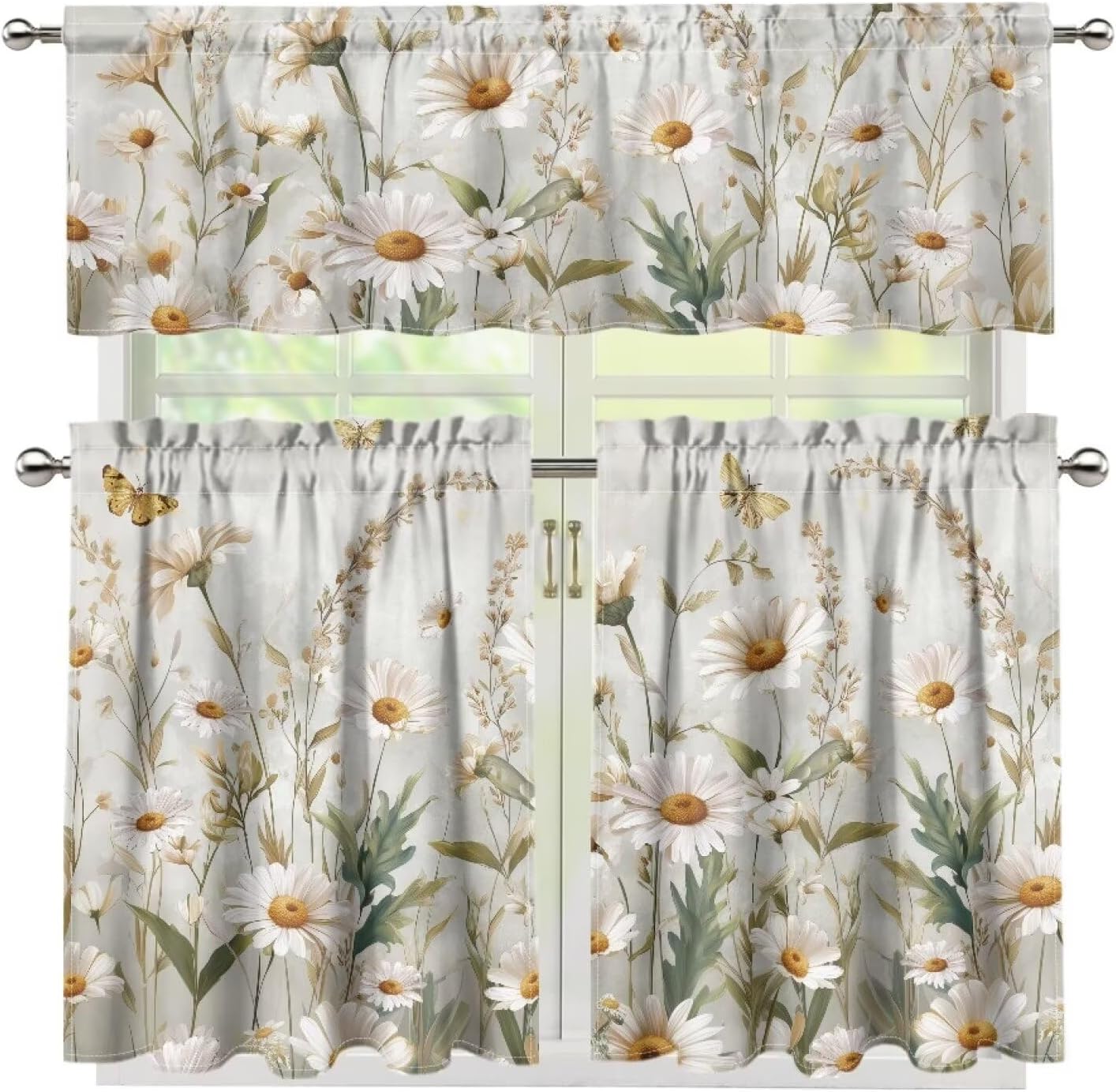 Elegant Daisy 3 Pieces Kitchen Curtains and Valances Set Rod Pocket Tier Curtains Decor for Living Room Bedroom Bathroom, Easy to Install for Kitchen Window