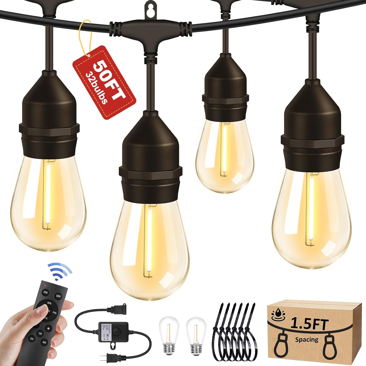Porbench 50ft Outdoor String Lights with 32+2 Bulbs