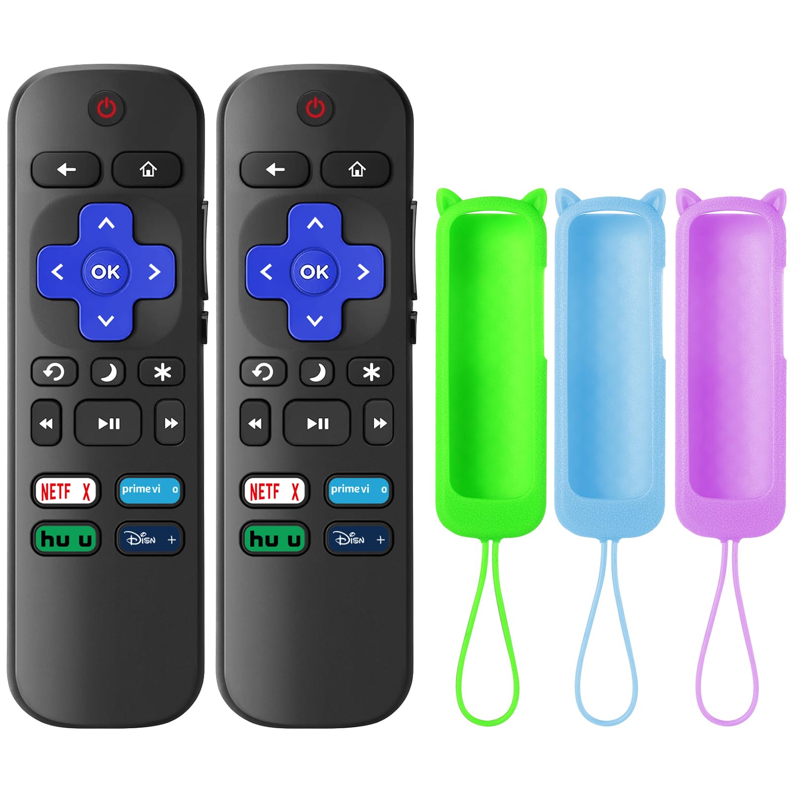 Pack of 2 Replacement Remote for Roku TV with 3 Pack Soft Silicone Case(Can Glow in The Dark), Universal Remote for TCL Roku/Hisense Roku/Onn Roku/Sharp Roku/Westinghouse Roku/Philips Roku Smart TVs