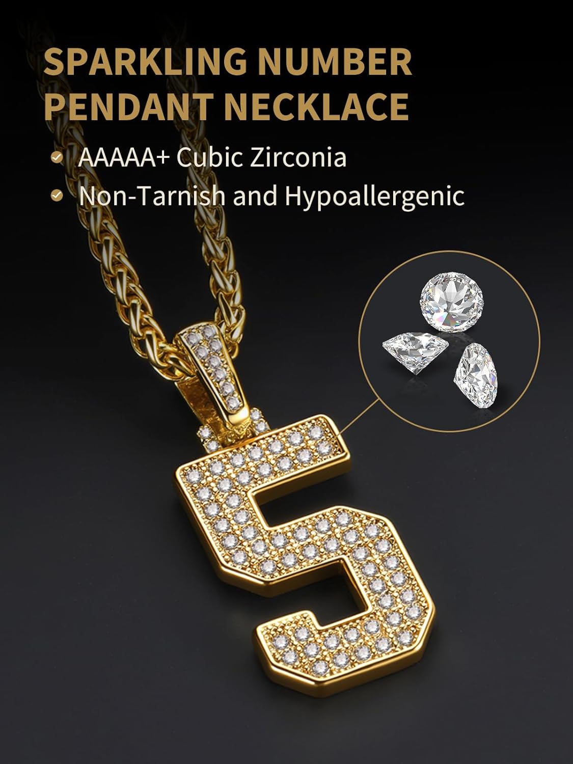 FindChic Bling Number Necklace Baseball Chain 14K Gold Plated Sports Football Pendant Hip Hop Cubic Zirconia Iced Custom Name Personalized Jewelry for Men Boys, Tennis Chain 18'' to 30'' + Gift Box - Image 3