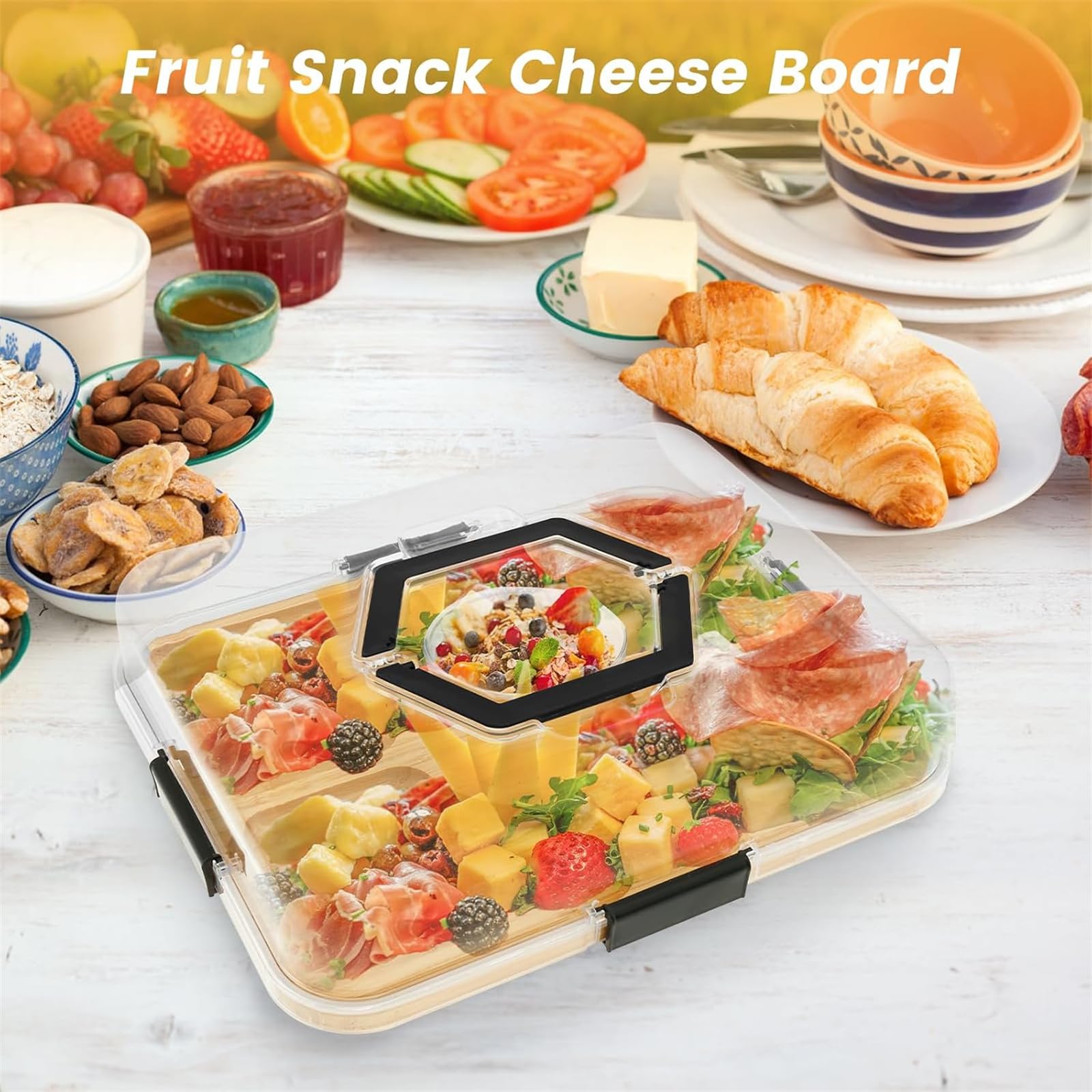 Lot de 2 plateaux de service en bambou avec couvercle et 5 compartiments - Plateau à fromage - Plateau à fruits - Serveur en bois épais - Cadeau de réchauffement de la maison pour les gourmets