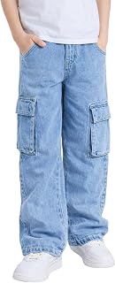 ADBUCKS Boys' Denim Cargo Pants – Straight Cut Loose Fit Jeans for Kids, Casual Long Pants for Spring & Autumn with Multi ... Price In India