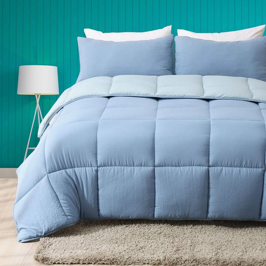 Cobnom Dusty Blue/Light Blue Reversible Comforter Full/Queen Duvet, All Season Down Alternative Comforter, 3-Piece Ultra-Soft Cloud Breathable Eucalyptus Mixed Microfiber Comforter Set with Shams