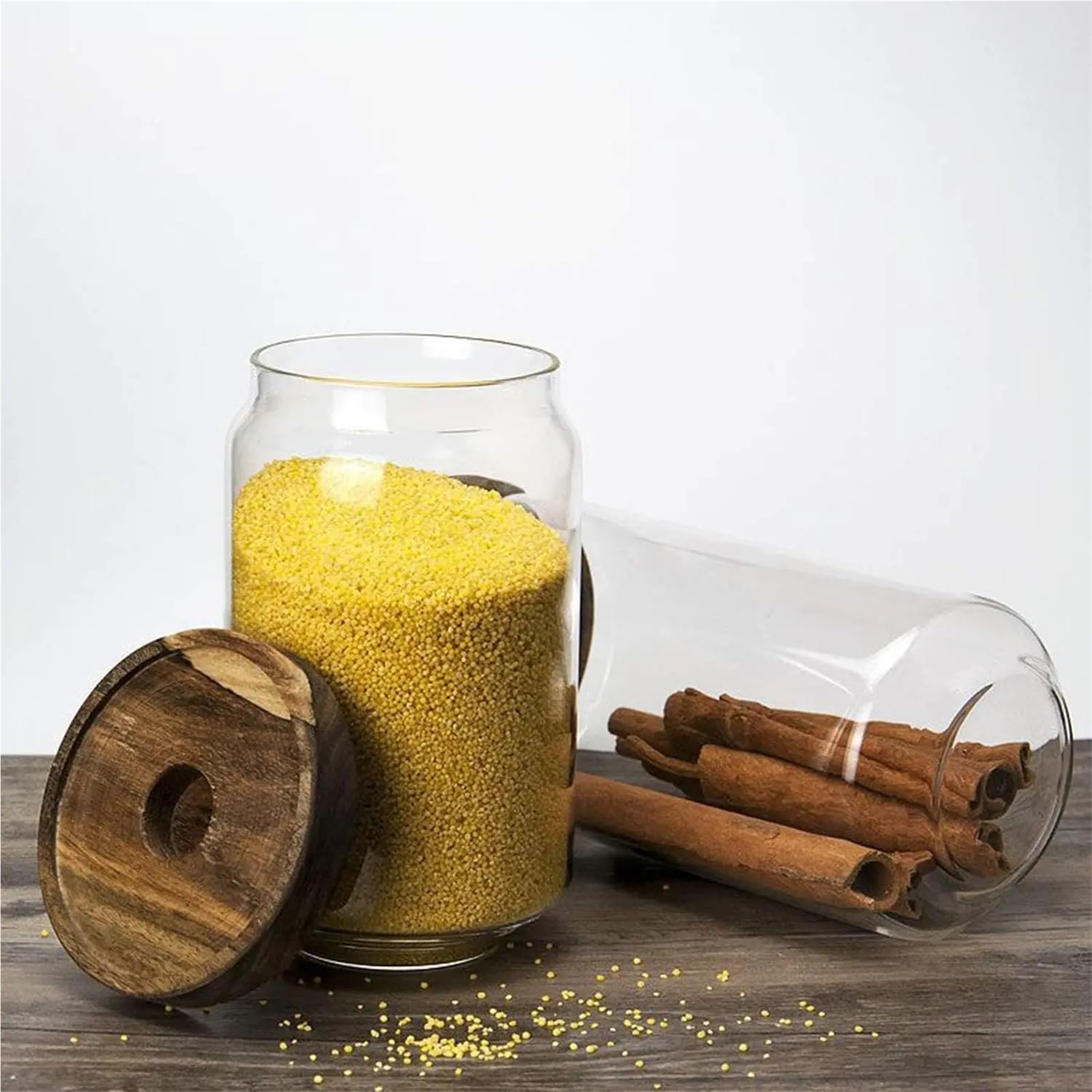 Tarro De Caramelos Juego de 4 tarros de Cristal for Dulces, tarros de Cocina for Almacenamiento, Botes con Tapa de Madera hermética for café, té y Dulces para Guardar Caramelos