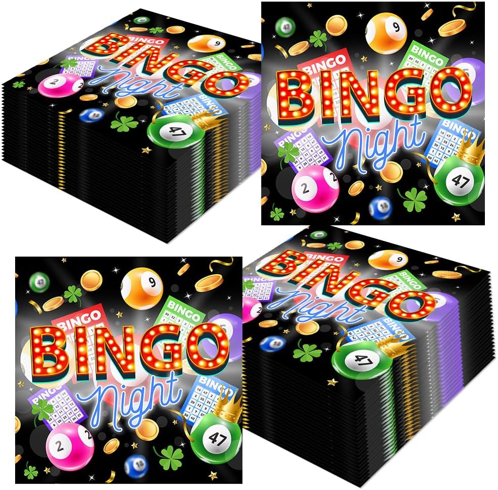 80 Pcs Bingo Night Paper Napkins Game Time Disposable Napkins Adult Winning Ball Cards Coins Gaming Party Table Decorations Supplies