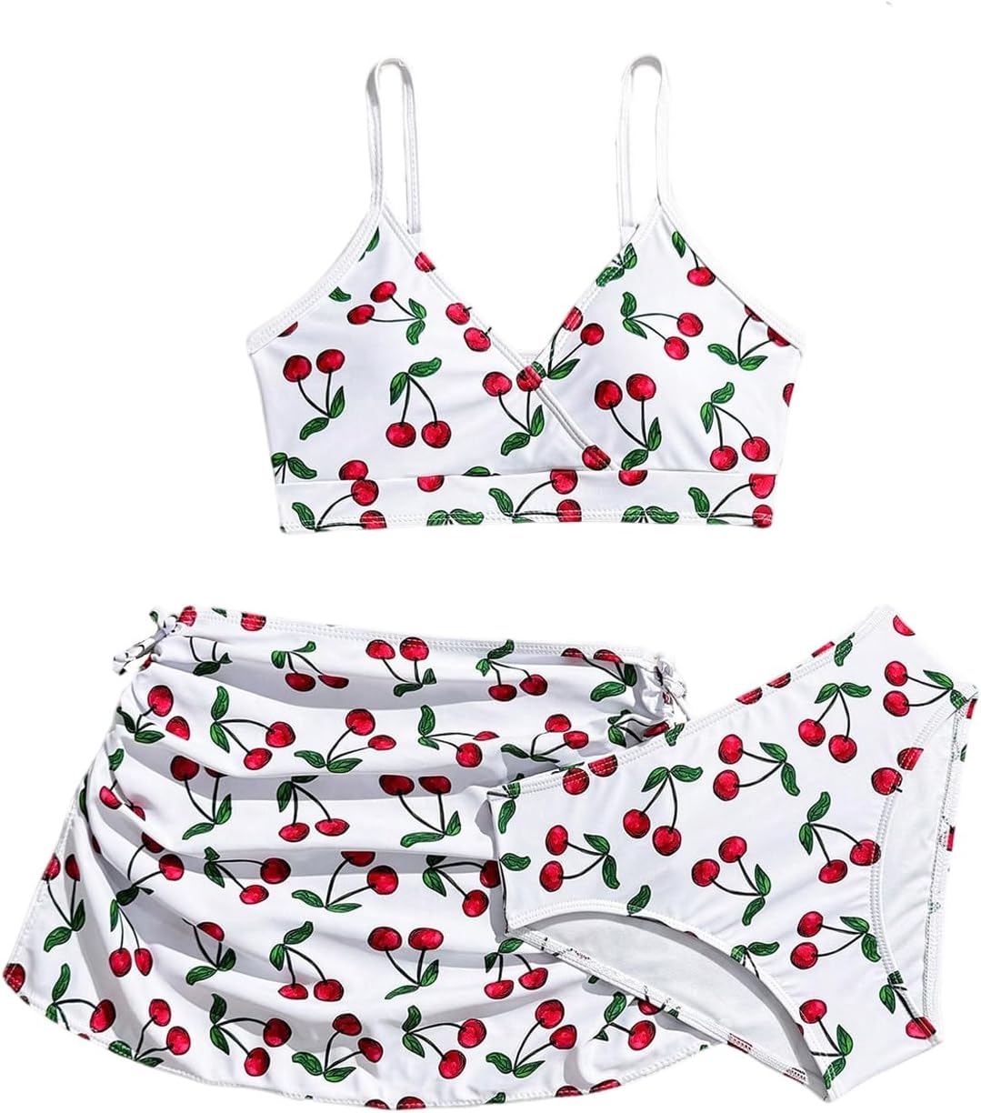 Floerns Girl's 3 Piece Cute Cherry Print Swimsuit Ruched Drawstring Bathing Suit with Cover Up