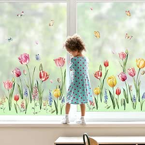 Autocollants Fenêtre Tanlaby Pissenlits Papillons - PVC Réutilisable Double Face - Déco Printemps/Été - 29x60cm