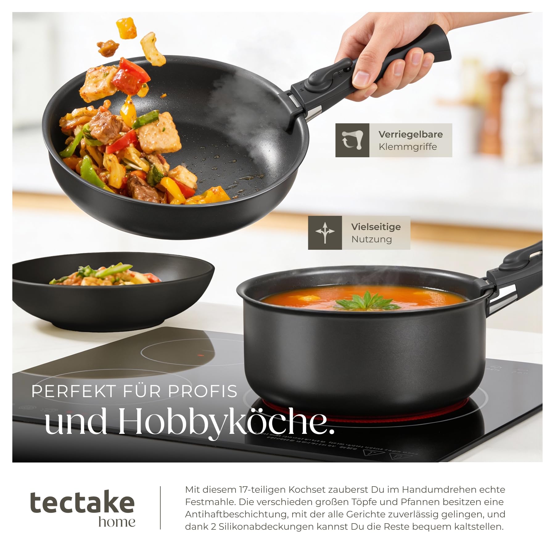 tectake® 41-tlg. Küchenstarterset, Steingut Geschirrset 6 Personen, Teller Set, 2x Kochtopf, 4x Bratpfanne mit Deckel, rostfrei, abnehmbare Griffe, induktionsgeeignet, inkl. Topfschoner - schwarz