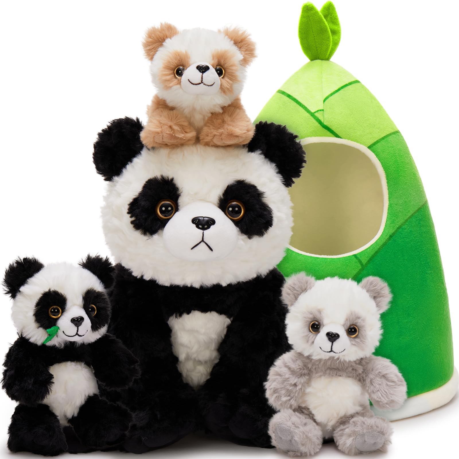 MorisMos Oso Panda Peluche Gigante, 35cm Mamá con 3 Kawaii Bebés, Realistas Suave Juguete de Peluche Grande con Brotes de Bambú Regalos para Niñas, Niños, Cumpleaños Navidad Deco