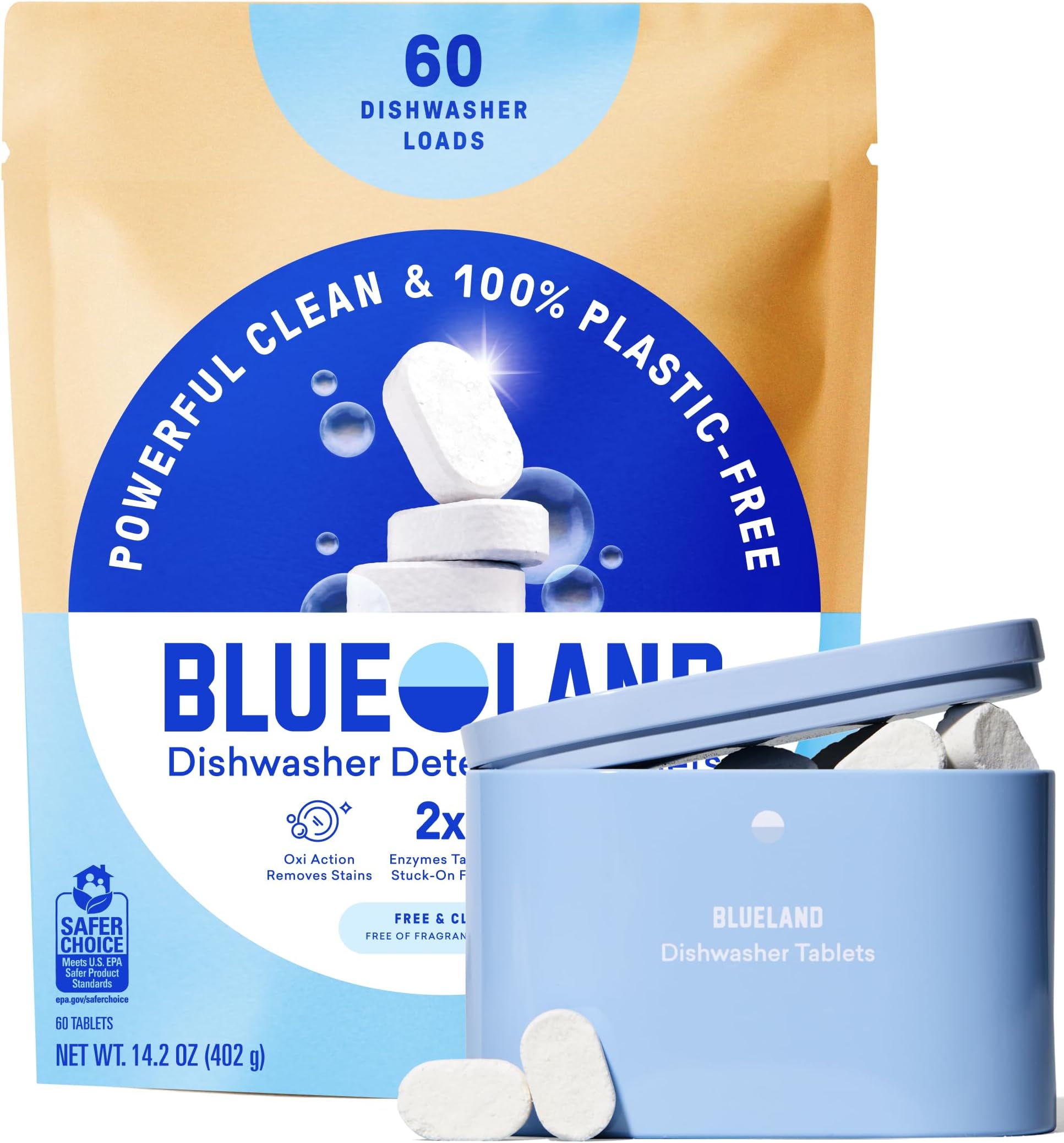 100% Plastic-Free Dishwasher Detergent Tablets, Starter Set, 60 Count with tin, Free & Clear, Eco-Friendly Dishwashing Pods, Natural, USDA Certified biobased