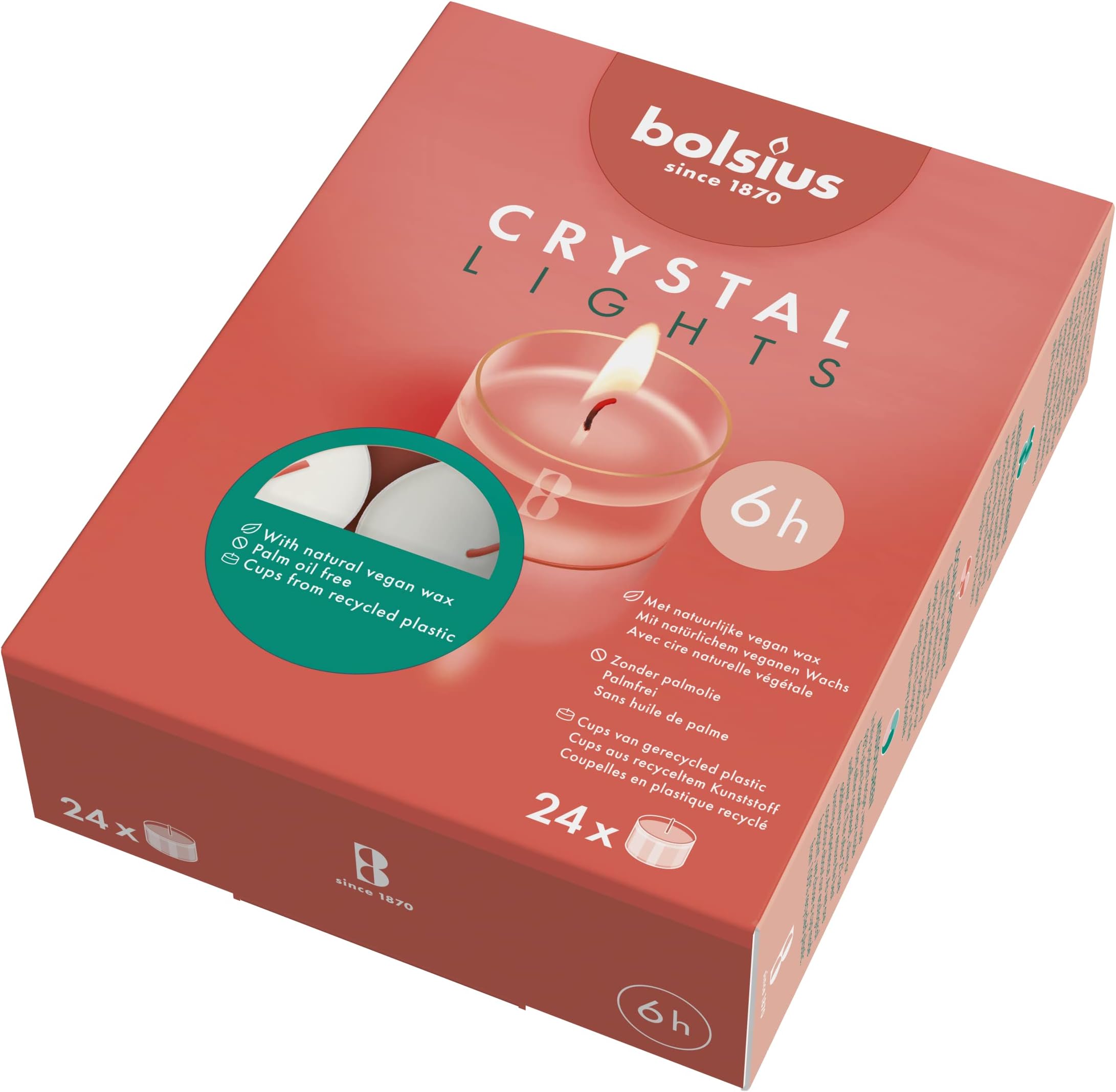Bolsius Tealight Candles - Clear Cup - White - Box of 24 Transparent Tealights - Long Burning Time of 6 Hours - Interior Decoration - Unscented - No Drip - Smokeless - Natural Vegan Wax - No Palm Oil