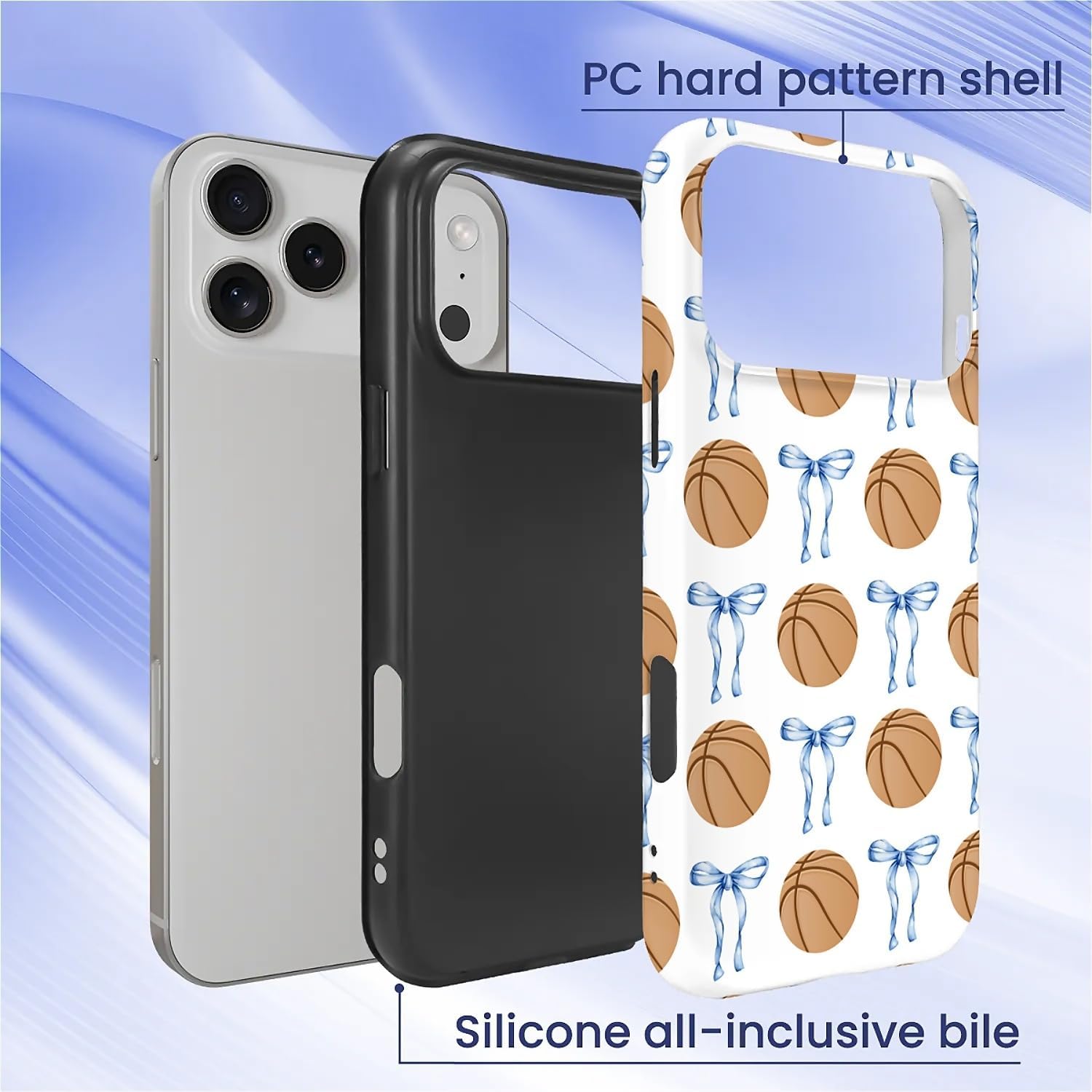 Compatible with iPhone 17 Pro Max Case, Basketball Blue Bow Pattern Print Matte Phone Case Durable Fashion Funny Liquid Silicone Case Soft Anti-Scratch Shockproof Protective Cover image 3