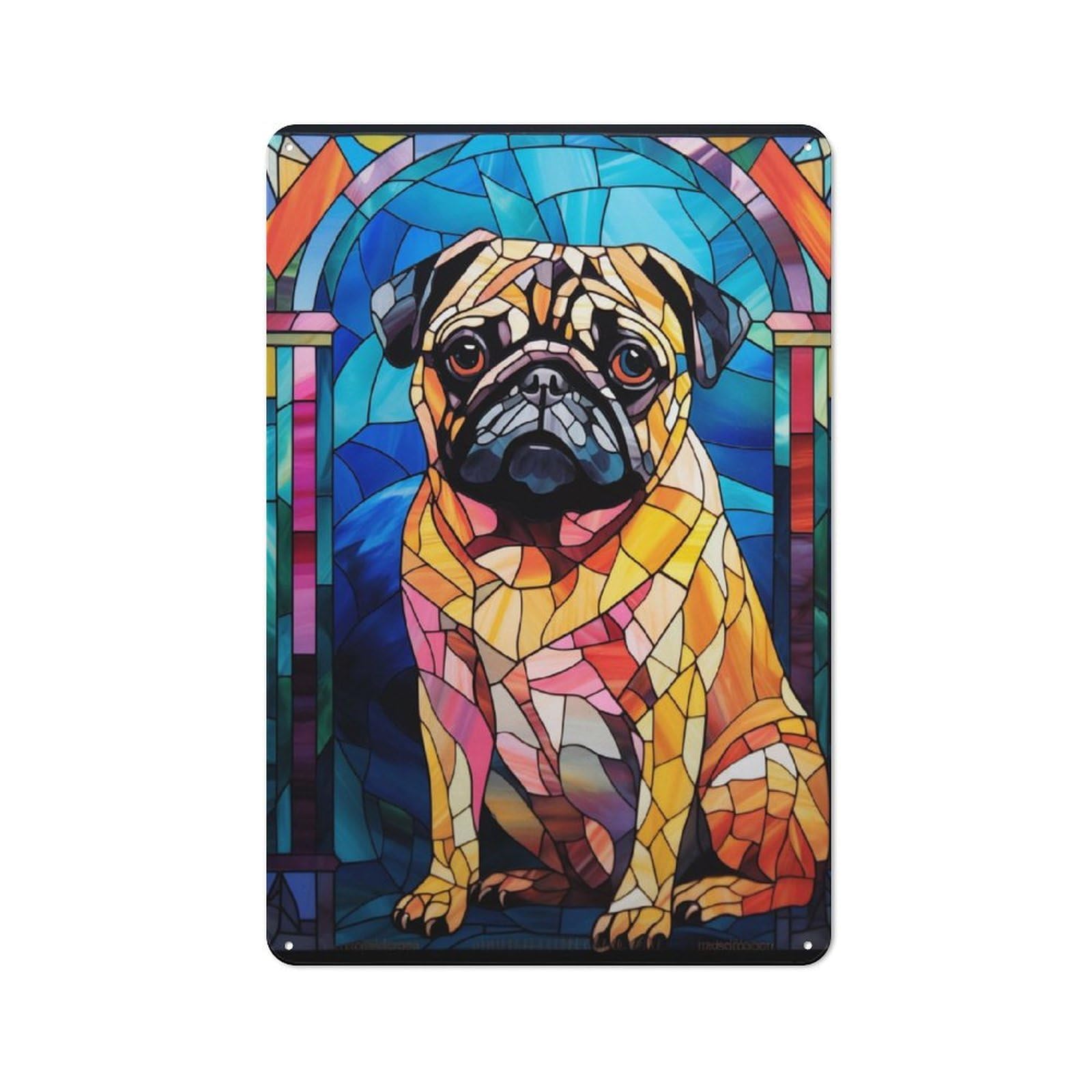 Junmoney Pug Stained Glass Vintage Tin Sign 30X20cm With For Living Room Or Hallway, Gift Idea At Christmas For Home Wall Decor Collectors