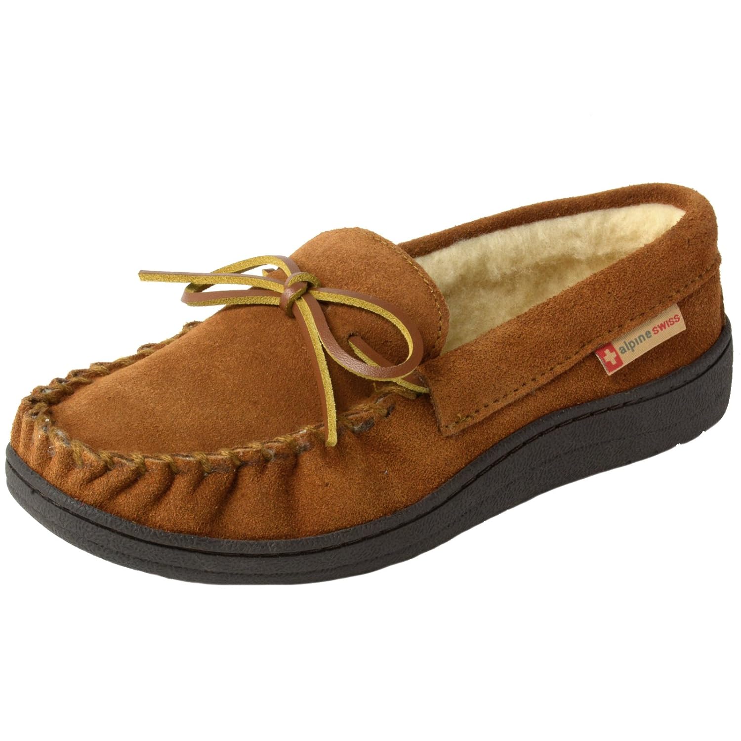 Alpine Swiss Sabine Womens Moccasin Slippers Genuine Suede House Shoe Memory Foam Insole Plush Faux Shearling Fur Indoor