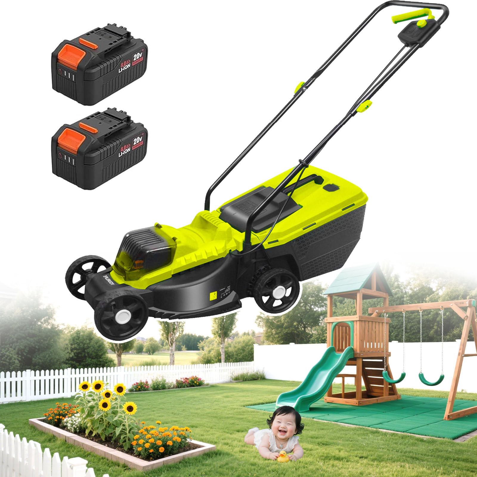 Cortacésped inalámbrico con caja de césped de 40 L, funciona con pilas, alturas de corte ajustables, para jardines y césped
