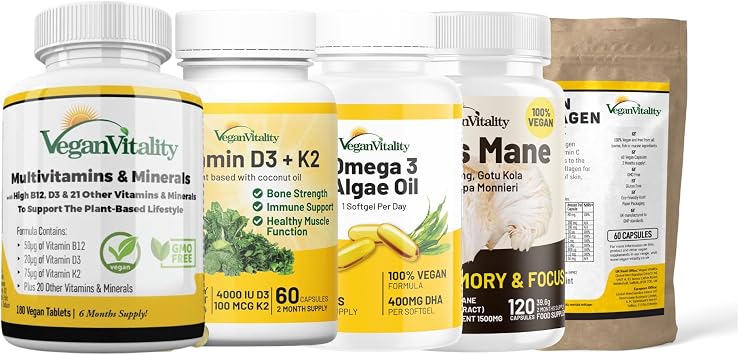 Vegan Vitality 6 Months Complete Wellness Bundle - Multivitamins, Lions Mane, Vitamin D3 K2, Omega 3 Algae Oil, Vegan Collagen Booster