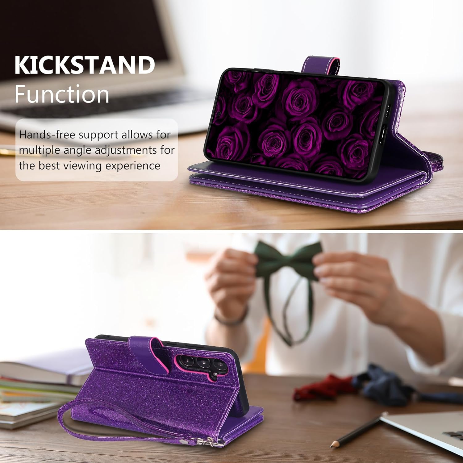 Varikke for Galaxy S23 Wallet Case Detachable with Card Holder for Women, Fashion PU Glitter Leather Strap Magnetic Flip Wallet Removable Phone Case Cover for Samsung Galaxy S23 5G 6.1", Dark Purple