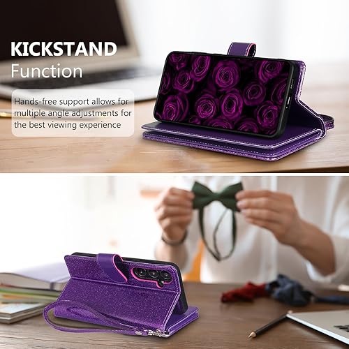 Miniatura 7 de Varikke Compatible con Samsung Galaxy A14 5G, funda magnética desmontable con tarjetero y soporte para tarjetas, función atril, correa de muñeca,