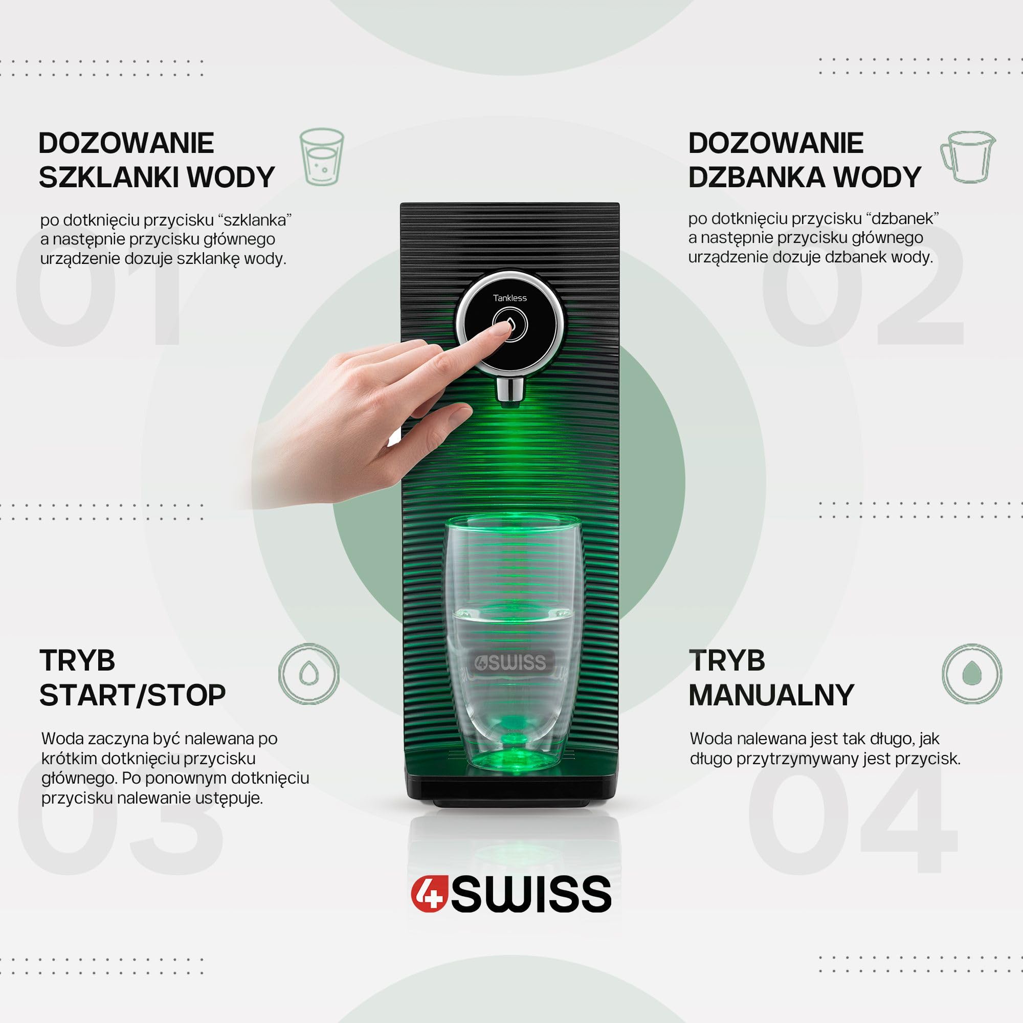 System filtracyjny 4SWISS do wody użytkowej, 5-stopniowy system bezpośredniego filtrowania wody pitnej z trzema wymiennymi wkładami i czterema trybami dozowania wody
