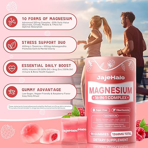 Miniatura 4 de Gomitas de glicinato de magnesio envueltas individualmente 16 en 1, complejo de magnesio 90 sin azúcar, L-treonato, extracto de raíz de ashwagandha,