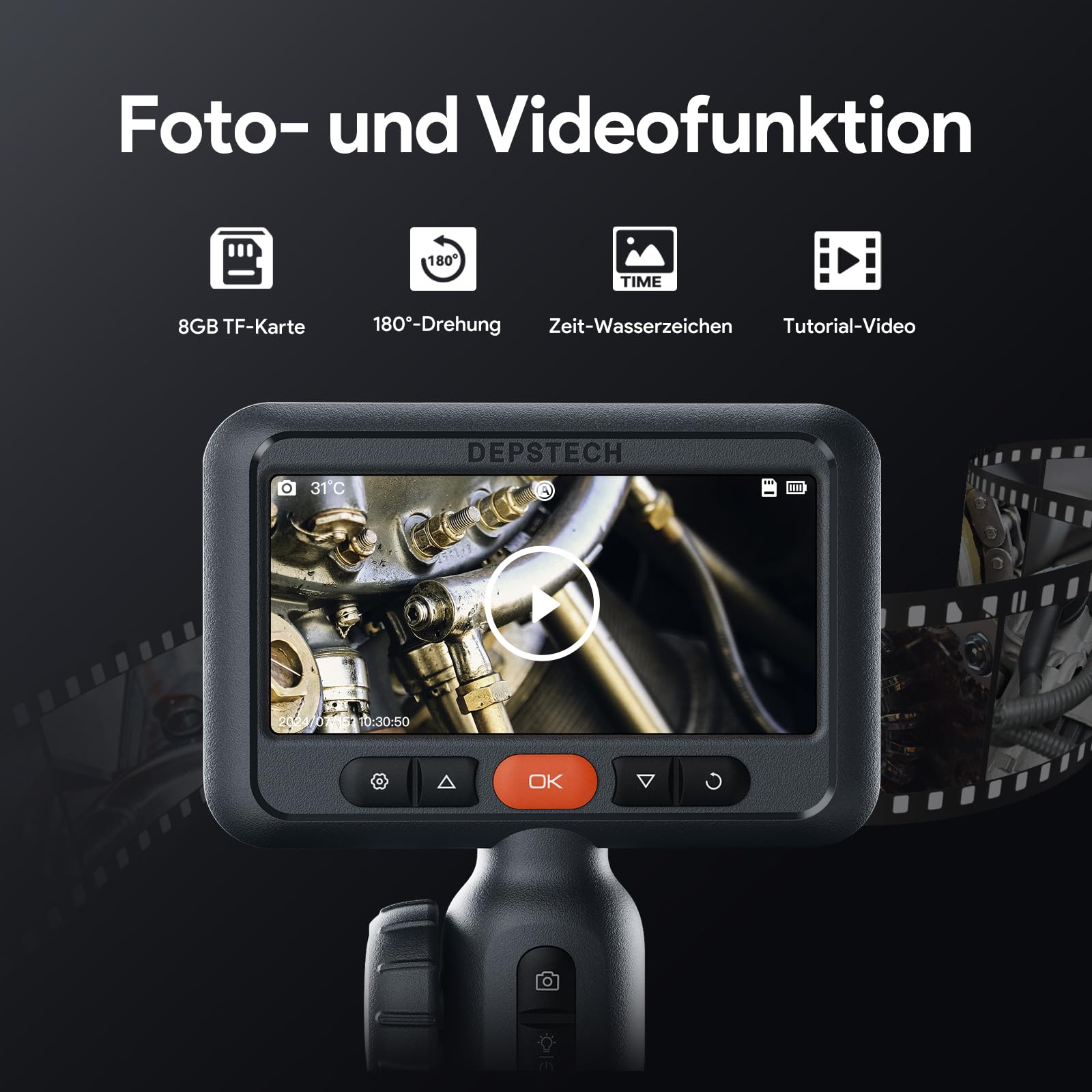 DEPSTECH 6.2mm Drehbar Endoskopkamera mit Licht, 1080P Endoskopkamera Beweglicher Kopf 210°, 4,5" IPS Bildschirm Endoskop Kamera Inspektionskamera Rohrkamera Kanalkamera-1.5m