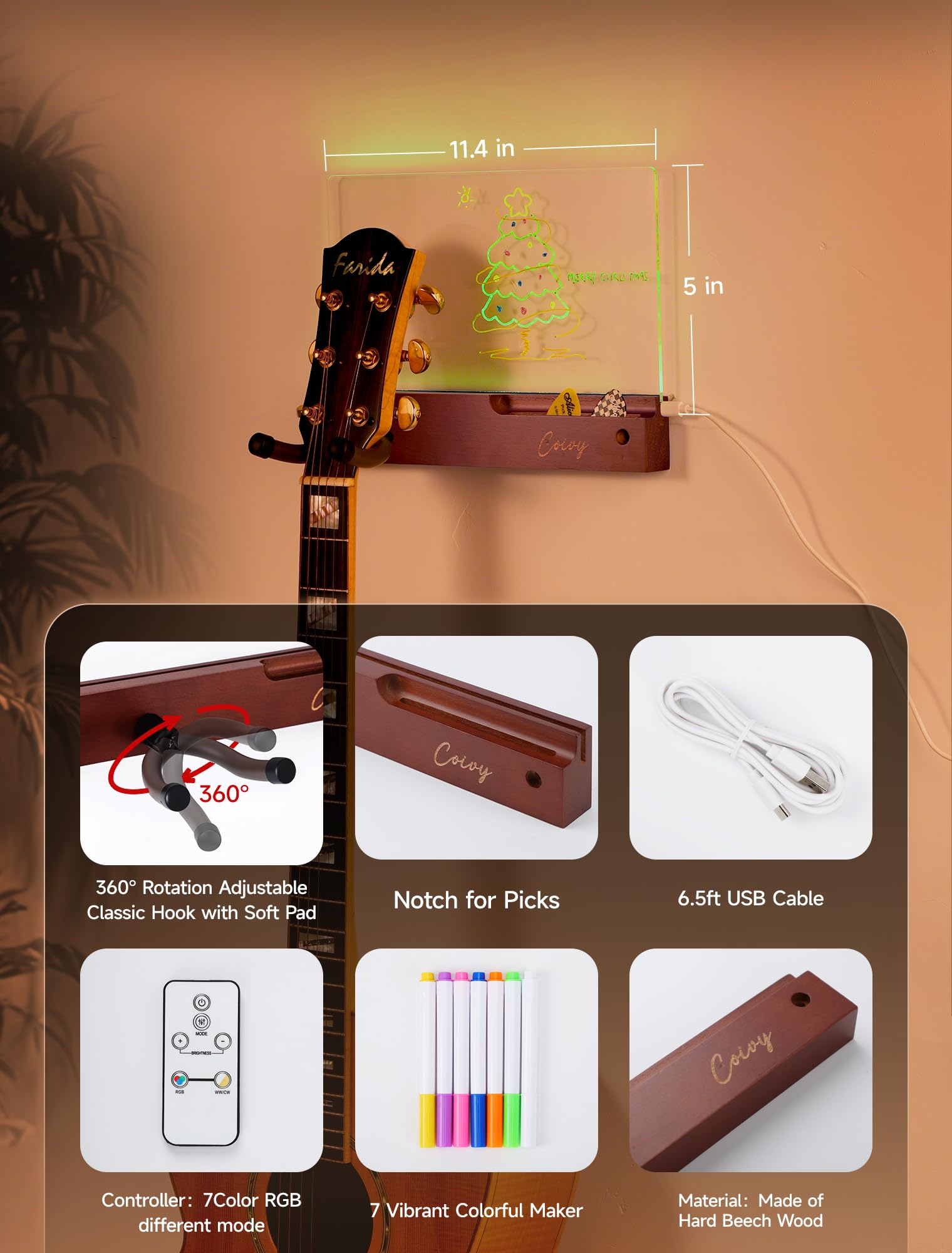 Gitarren-Wandhalterung mit RGB-LED-Zeichenbrett, beschreibbar mit 7-farbigen Markern, Buchenholz und drehbarem Eisenhaken für Akustik-/E-Gitarre/Bass-Display, ideales Geschenk für Musiker, mit USB