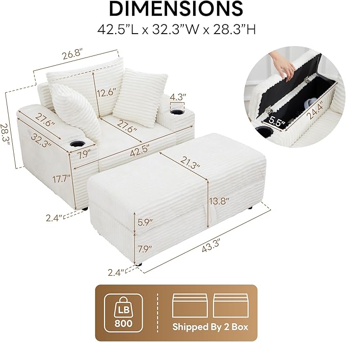 Sillón Chaise Lounge 54 Pulgadas Moderno Blanco miniatura 2