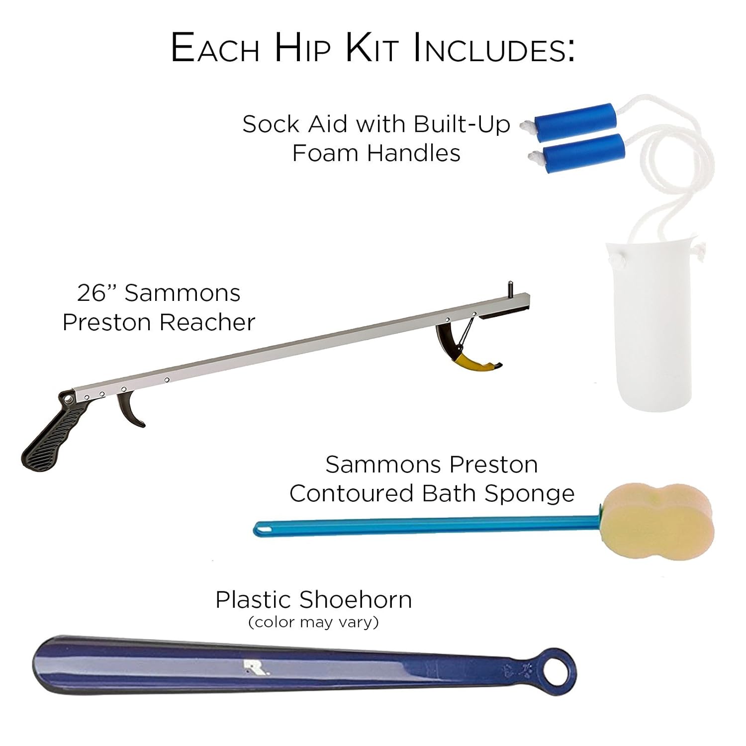 Sammons Preston Complete Hip & Knee Equipment Kit with Four Daily Living Tools, Care Kit for Hip or Knee Surgery or Fall Recovery, Includes 32" Reacher, Sock & Dressing Aid, Shoehorn, & Bathing Sponge : Health & Household