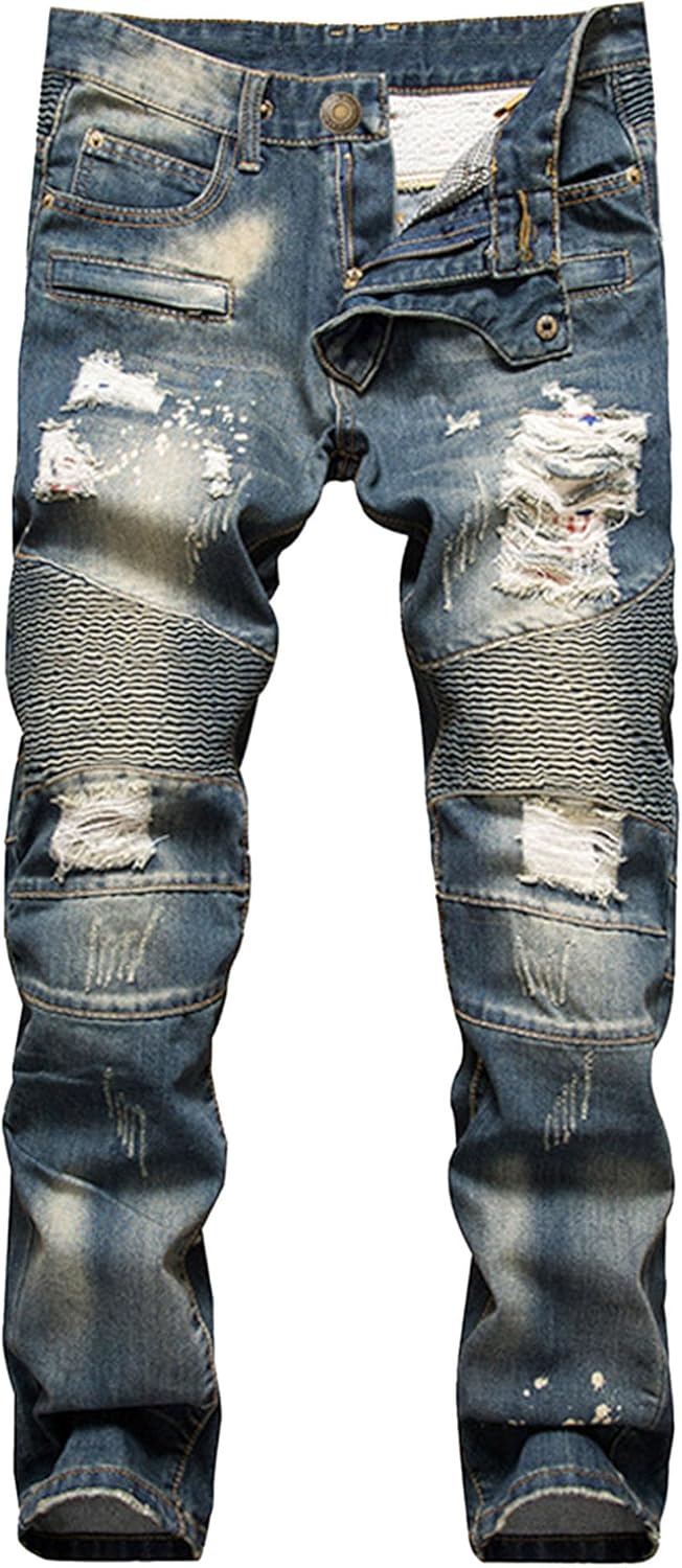 Mens Distressed Casual Skinny Jeans Washed Regular-Fit Denim Pants with Pocket Ripped Tapered Leg Slim Fit Jean
