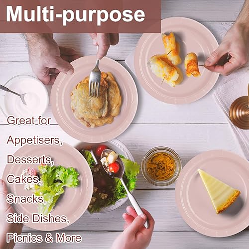 Miniatura 5 de CENLBJ Platos y tenedores de papel de oro rosa, suministros de fiesta, platos de postre de 25 x 7 pulgadas y tenedores de plástico de 7.3 pulgadas,