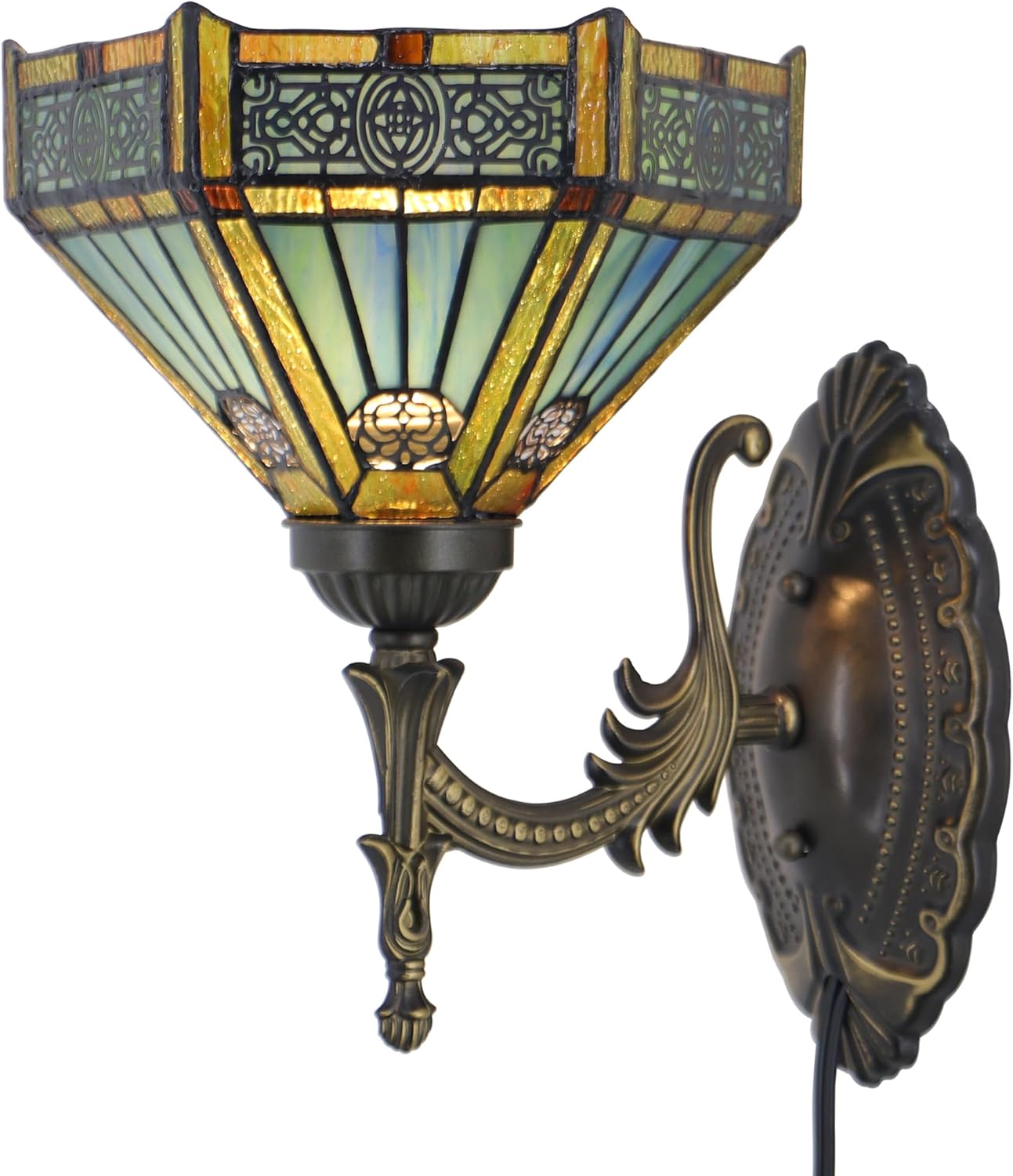 Tiffany Wall Sconce Lamp Plug in with 8 inch Stained Glass Lampshade 8X10.5X11 Inch Stained Glass Wall Lamp (Hexagon Mission Style)