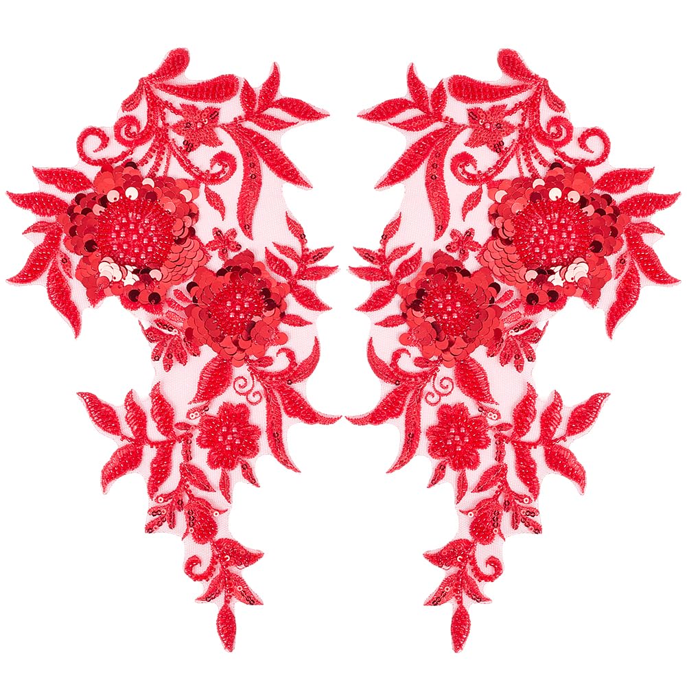 2 Appliques Broderie Florale 3D Avec Strass Et Perles - Rose - Pour Robe De Mariée, Couture, Décoration - Environ 30 Cm - 3