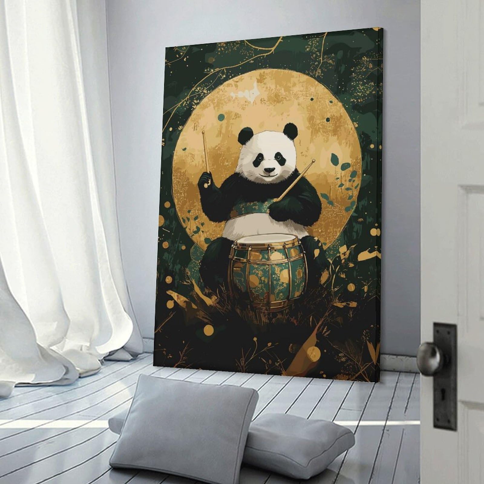 Junmoney Panda Drummer Wall Picture Print 24x36inch(60x90cm), for Entrance Spaces, Stair Walls Or Halls, Decorative Canvas Styling for Entry Areas