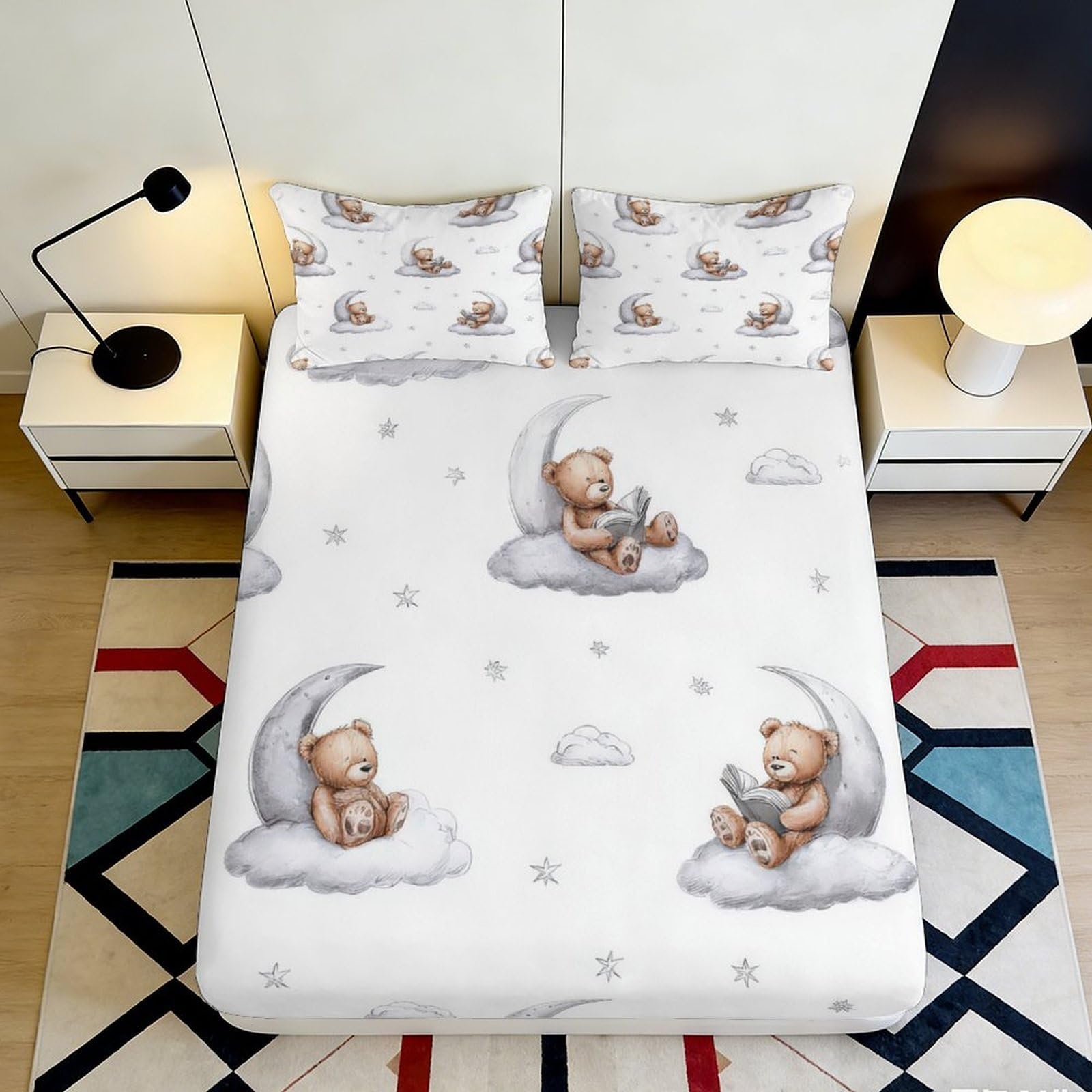 3D Printed Sleeping Bear Fitted Sheet Microfiber Soft Anti-Slip Moon Cloud Mattress Cover for Bedroom Guest Room Decor 90x200x25cm
