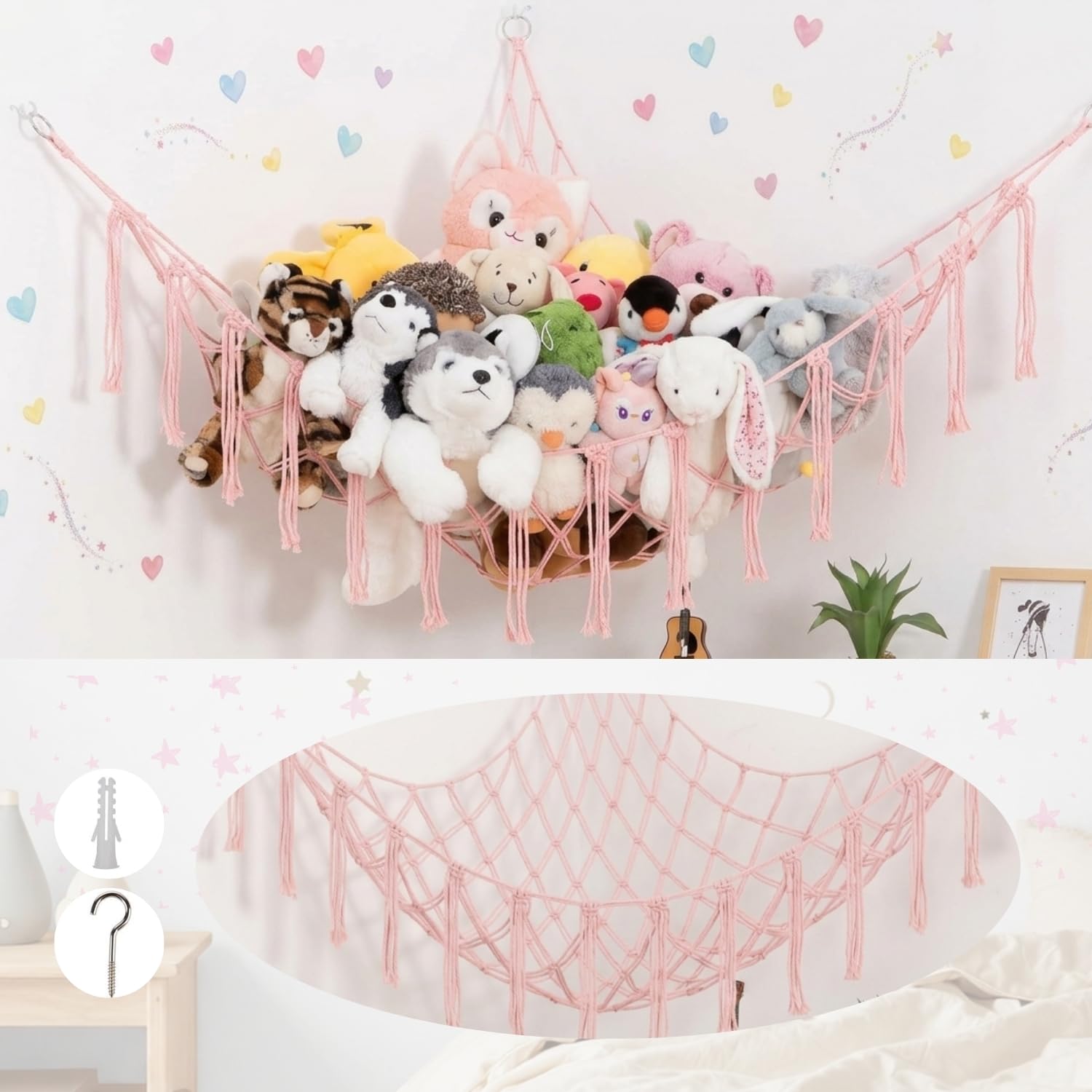 Lilly's Love Stuffed Animal Storage Macrame Hammock, Large - Boho Room Decor Toy Storage - Corner Hanging Plushie Stuffed Animal Net Organizer (Light Pink)