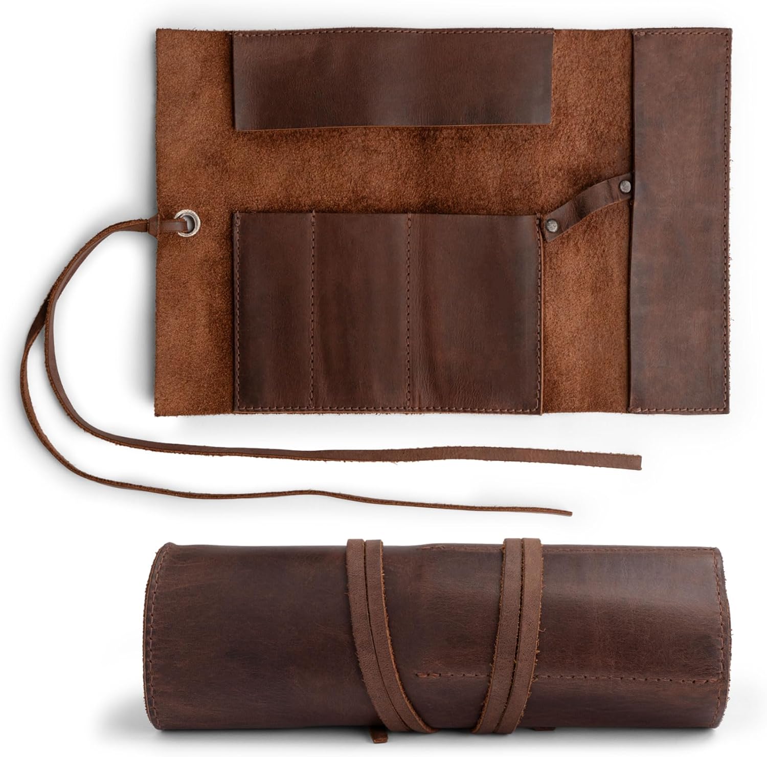 Hide & Drink, Rustic Leather Pencil Roll Pouch, Multi-Purpose Storage Wrap for Scissors, Earphones, Organizer for Craft, Work, Handmade (Bourbon Brown)