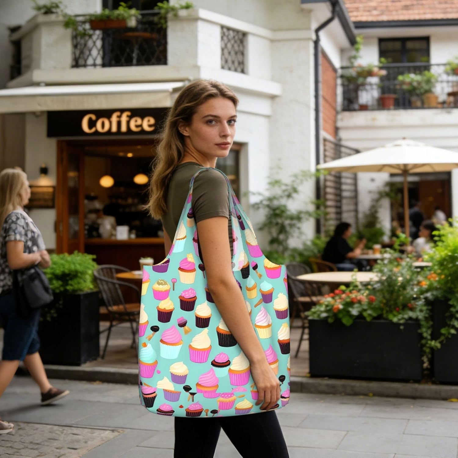 Reusable Shopping Bags Lightweight Foldable Grocery Bags In Pocket,Washable Large Tote Bags Cupcake Pattern Travel Shoulder Bag Gifts For Women Men image 3