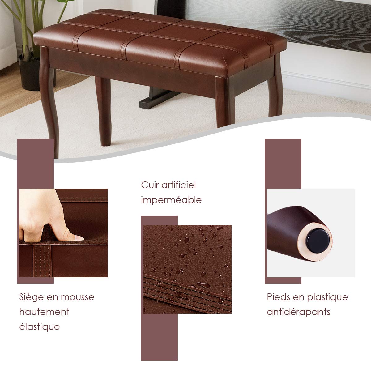 GOPLUS Banc de Piano Double en Bois Massif Robuste avec Siège Rembourré en Cuir PU, Tabouret Piano 2 Places avec Compartiment de Rangement, Charge Max 180KG (Marron, Pied Incurvé,Bande)
