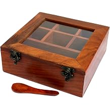 eSplanade Wooden Masala Daani Spice Box with Transparent Top | Kitchen Spice Box Set with Wooden Spoon Dark Brown