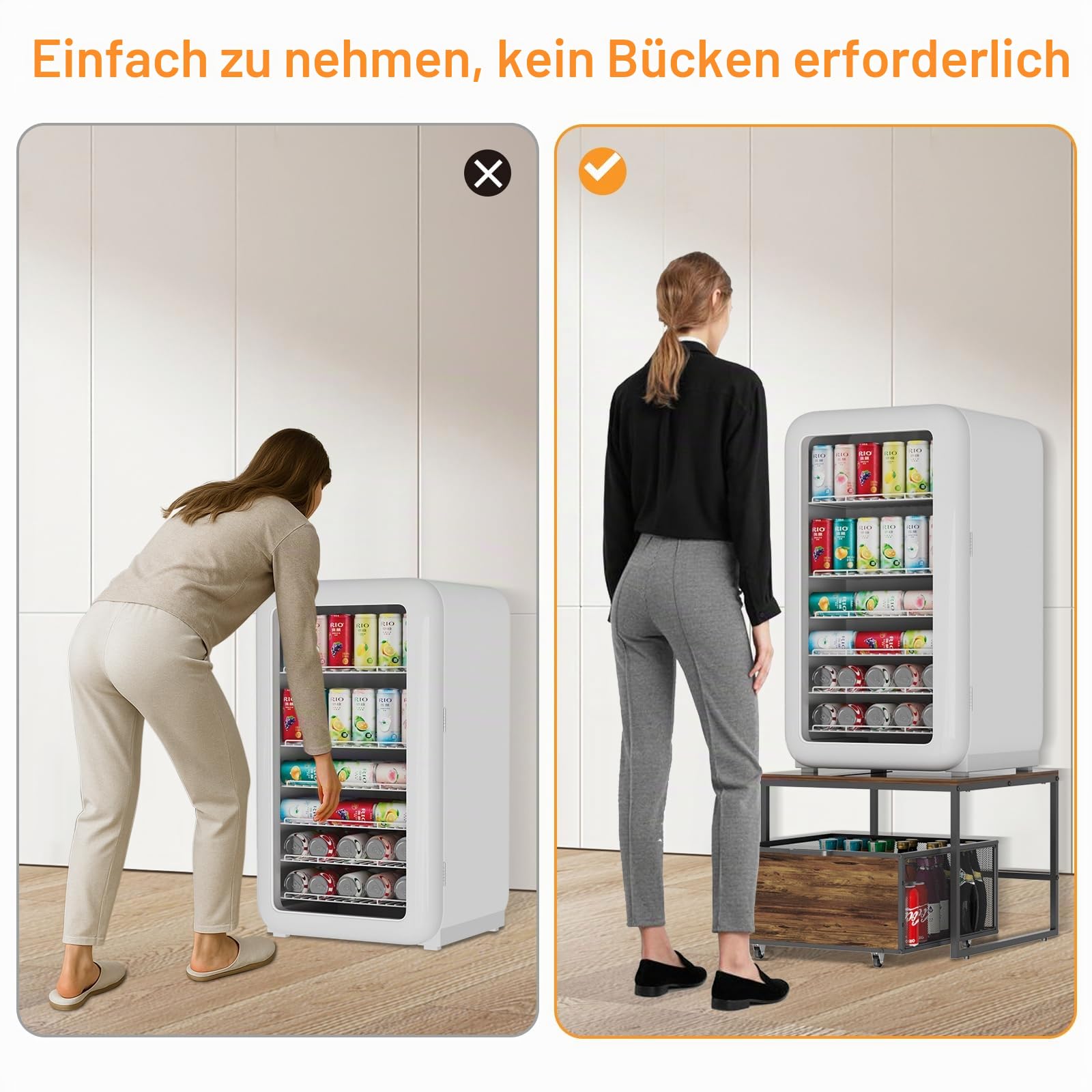 VyGrow Kühlschrankständer mit Stauraum und Rollen, robuster Mini-Kühlschrankständer aus Holz mit tragbarem Rollschubladenkorb für Zuhause, Küche, Zimmer, Büro, Geschäft, 50 x 50 x 40 cm, Schwarz