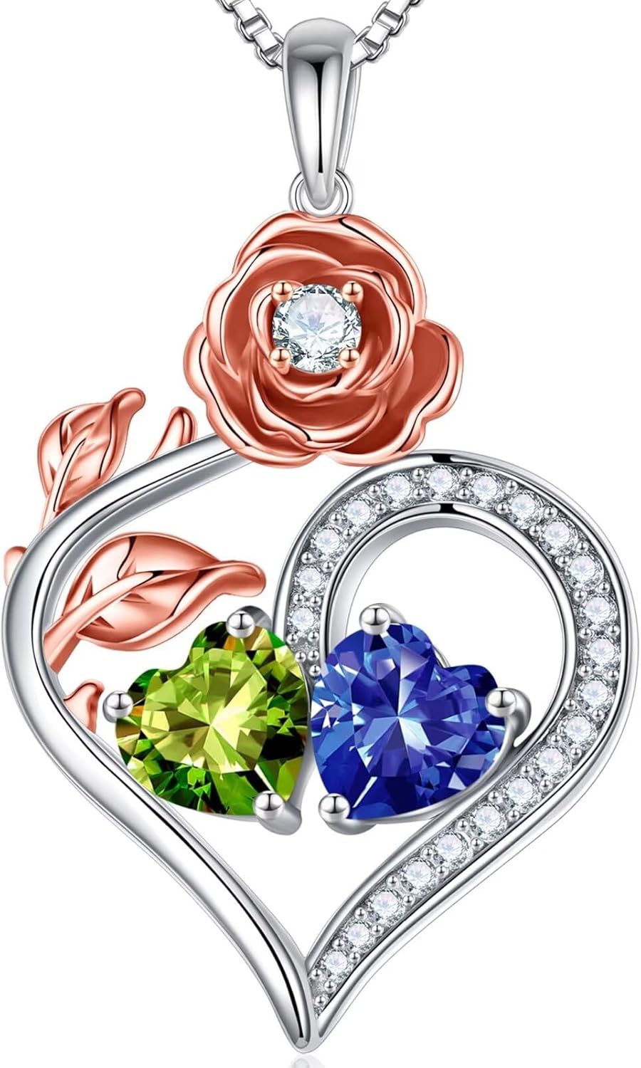 Iefil Rose Heart Birthstone Necklaces for Women – 925 Sterling Silver Double Birthstone Necklace, Anniversary Birthday Gifts for Women, Jewelry Gifts for Wife Her