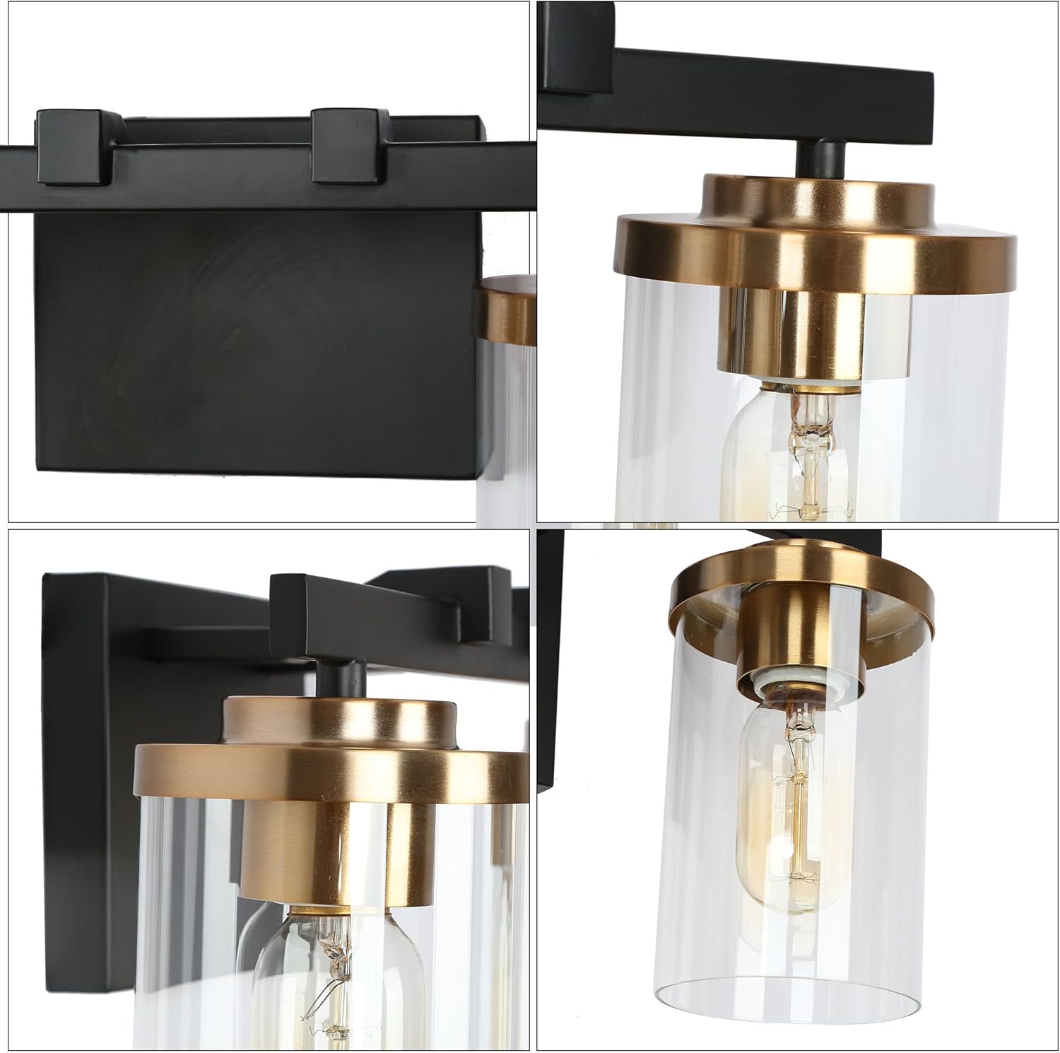 De cerca view of the ZEVNI Black Vanity Light's components, including the backplate, arm, and glass shade attachment