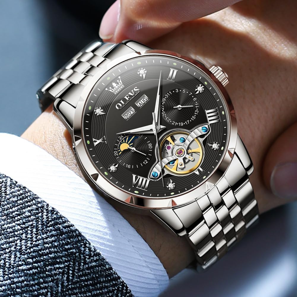 OLEVS Men Automatic Watch Skeleton Mechanical Classic Luxury Business Diamond Stainless Steel Waterproof Luminous Date Calendar Wrist Watches for Men