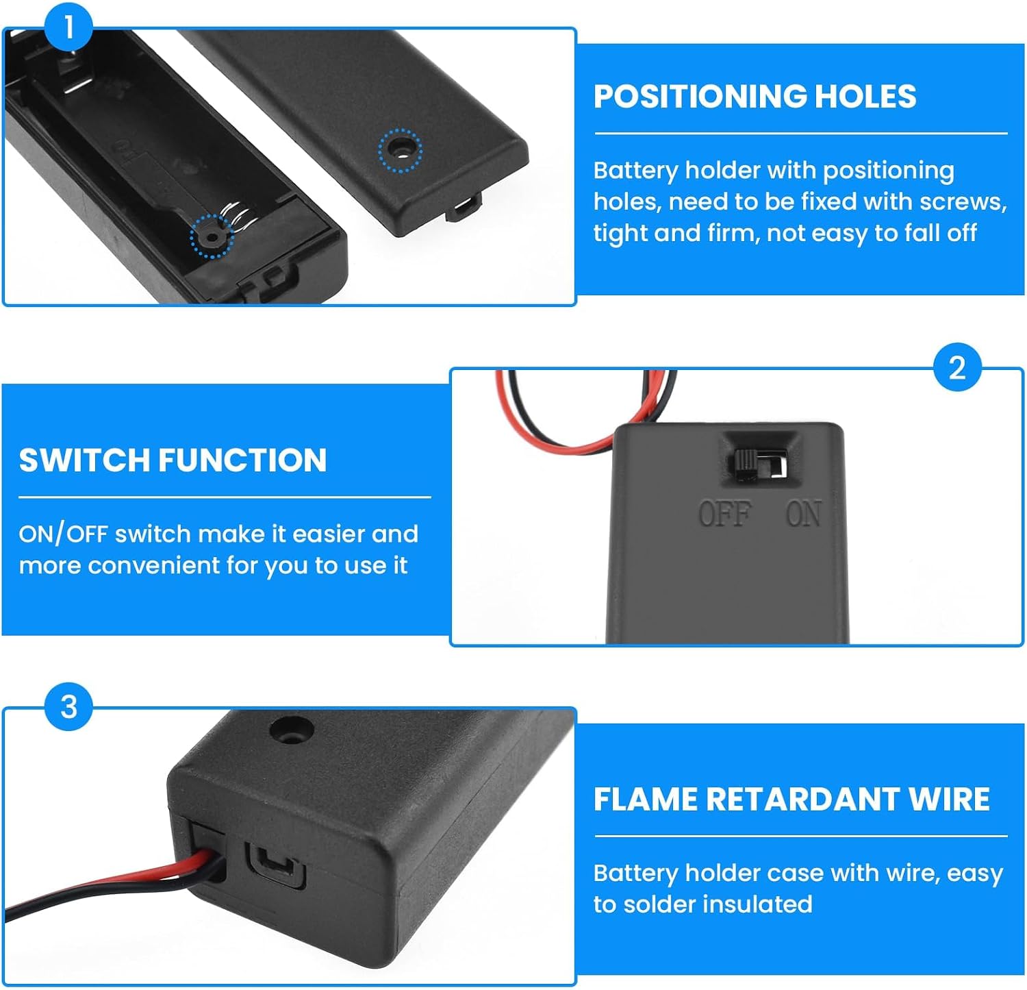 SDTC Tech 2 x 1.5V AA Battery Holder with Wires, 3 Volt Battery Case Box with ON/Off Switch, 3V Battery Holder with Leads and Switch, 4 Packs