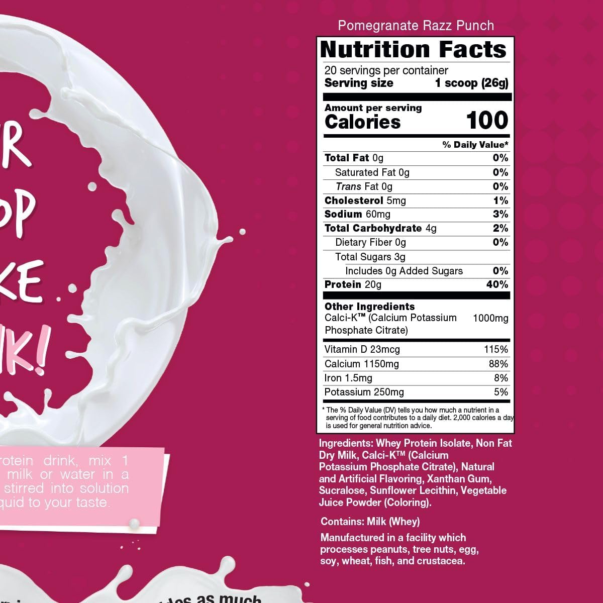 Bariatric Eating Inspire Pomegranate Razz Punch 20g Whey Protein Isolate Powder with Calcium (20 Servings)