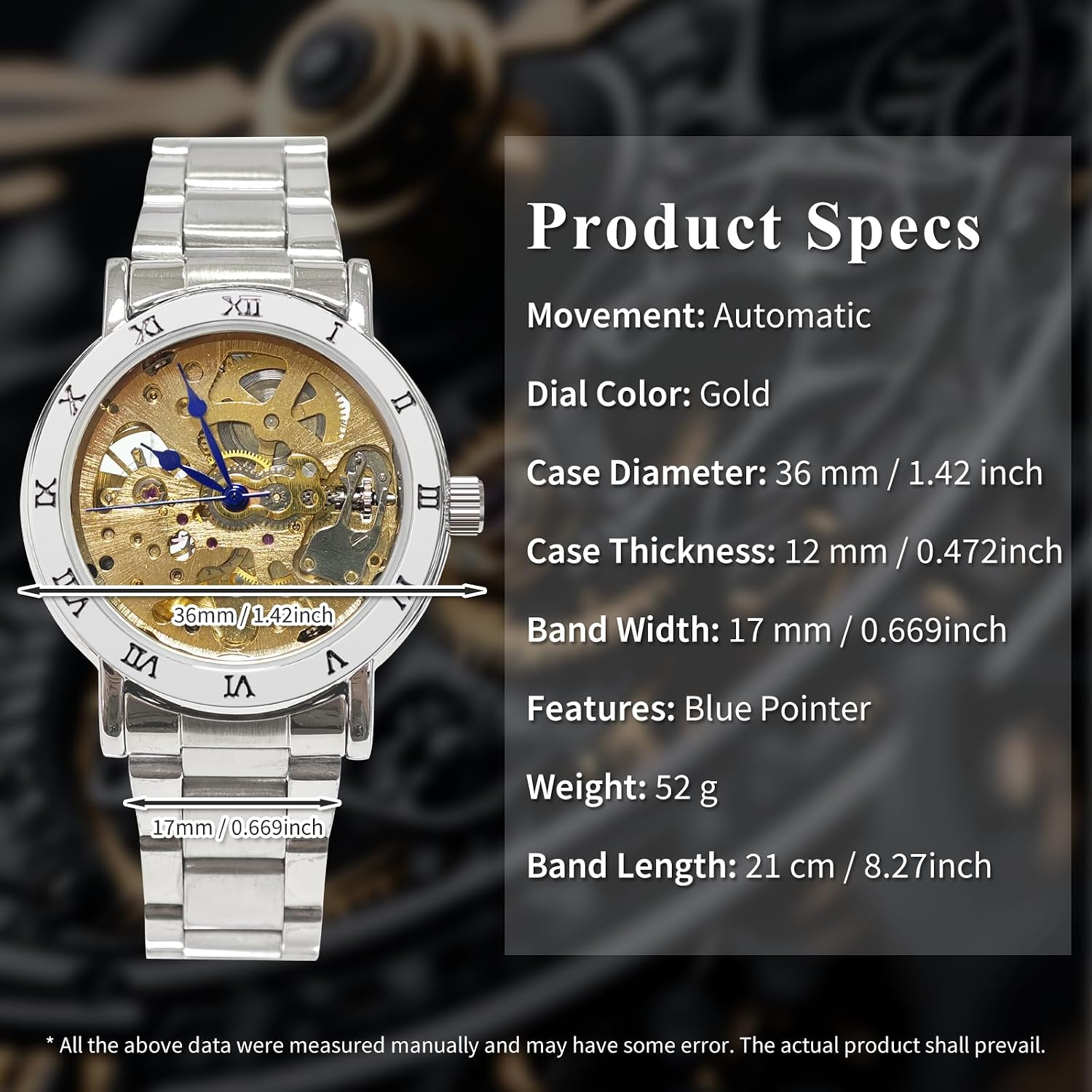 Gute IK Women's Automatic Watch, Steampunk Self Winding Mechanical Silver Bracelet Women Wrist Watch