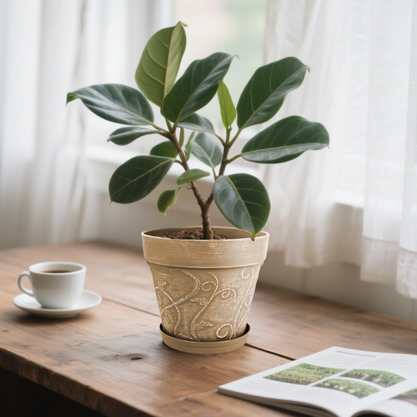 ZMTECH 20 cm Pots avec Soucoupes et Trous de Drainage, Pot de Plante Plastique Aspect Terre Cuite, Pot de Fleur Moyen avec Plateau pour Plantes d'Intérieur Extérieur (Brun Clair, Lot de 2)