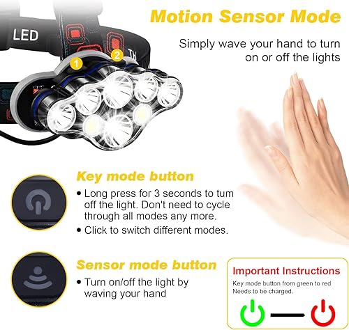 Miniatura 4 de Linterna frontal recargable, 18000 lúmenes, lámpara de cabeza brillante de 8 LED, 16 modos de luz ajustable con sensor de movimiento con luz roja,