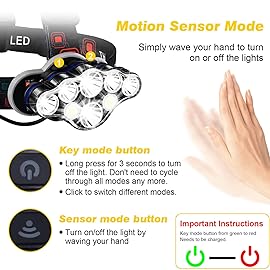 Elmchee Rechargeable Headlamp,18000 Lumen Bright 8 Led Head Lamp, 16 Modes Adjustable Motion Sensor Headlight with Red Light, Waterproof Head Flashlight for Outdoor Hiking Camping