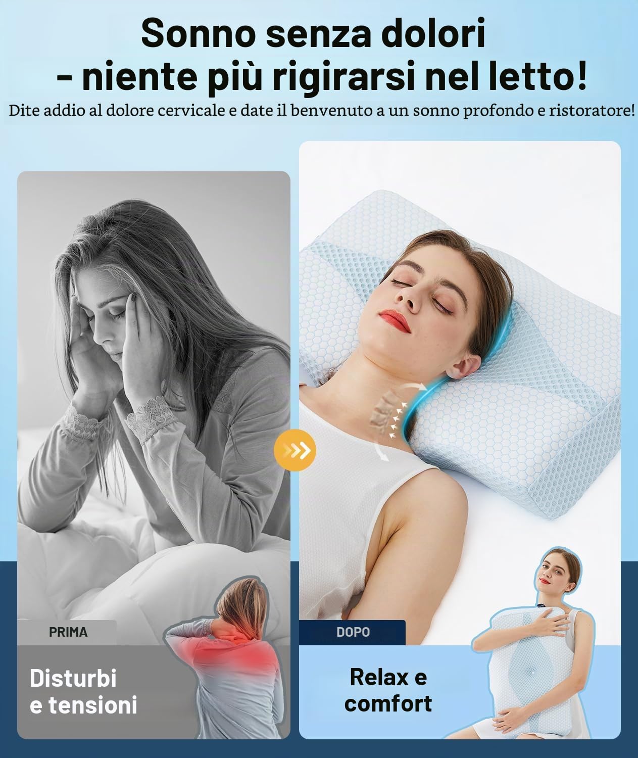 Cuscino Ortopedico in Memory Foam per il Collo con Supporto Cervicale Contro il Dolore al Collo e alle Spalle con 2 Altezze e Fodera Lavabile - Cuscino Ergonomico per il Sonno e il Comfort per